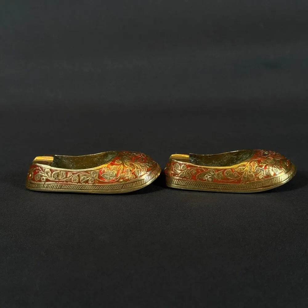 Lot of 2 Brass Slipper Ashtray Enamel Floral Design Cigarette Shoes India
